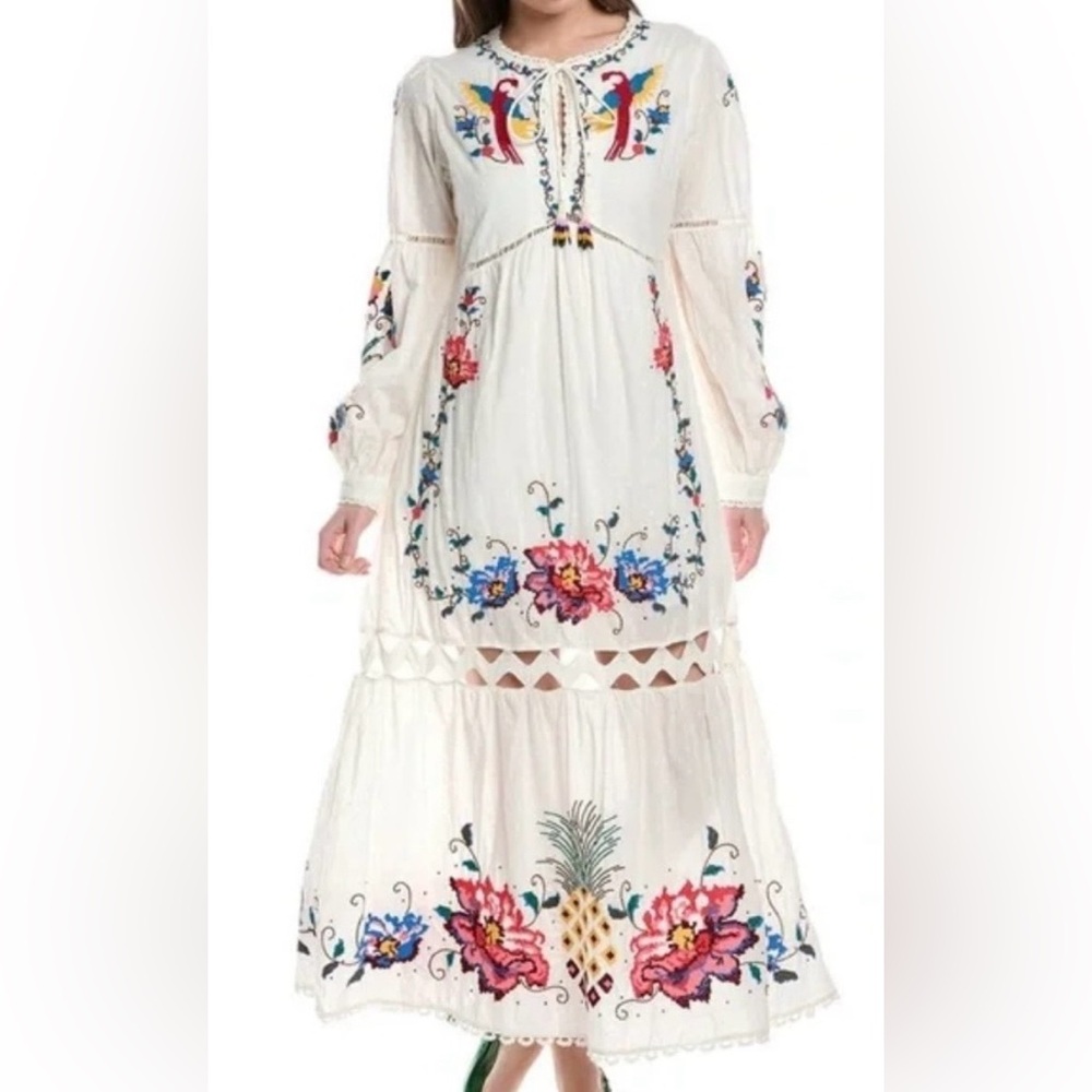 FARM Rio White Maxi Dress with Colorful Floral Embroidery